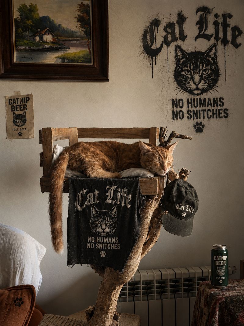 Gato, atigrado naranja, durmiendo en su caja de madera bajo un graffiti de Cat Life